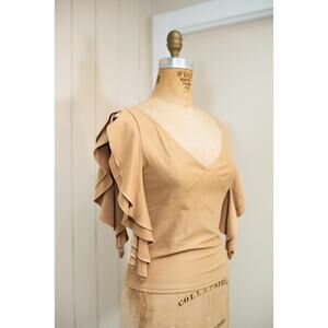 Vintage Y2K Tan Camel Brown Flutter Sleeve Top Fairycore Boho Festival Blouse LG